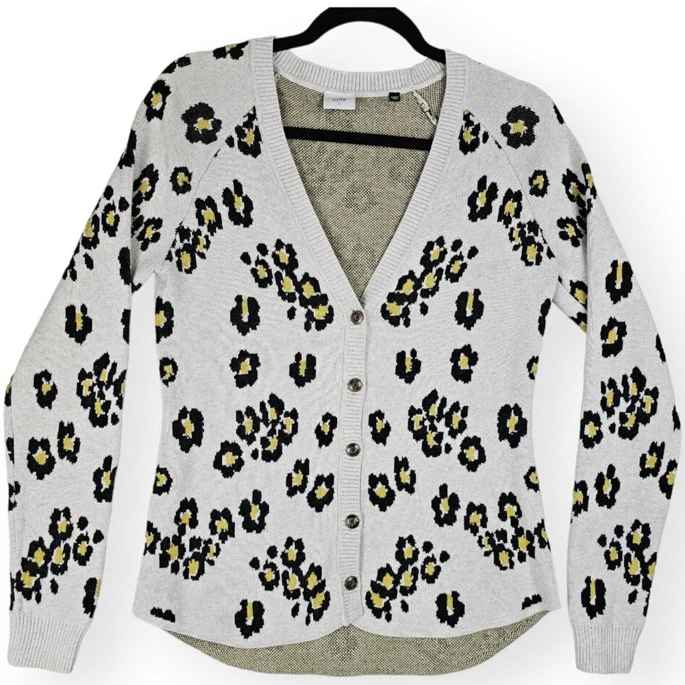 Cabi Kiki Small White Yellow Leopard Print Button Down Cardigan Cotton Blend